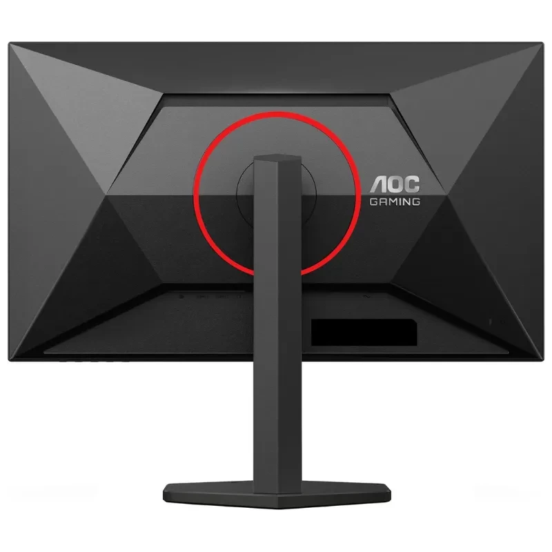 Dos du moniteur AOC 24B35HM2 24 pouces Full HD LED 100 Hz avec anneau rouge, design anguleux noir, pied hexagonal et support VESA Adaptative Sync