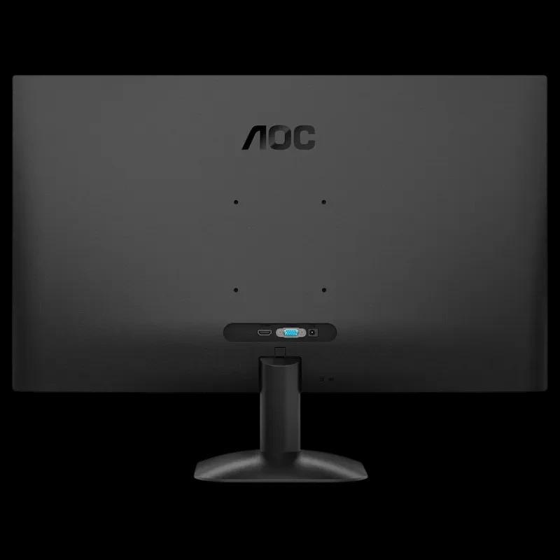 Perfil lateral del monitor AOC 27B35HM de 27 pulgadas, marco delgado, carcasa negra mate, soporte circular robusto y diseño estilizado para escritorio