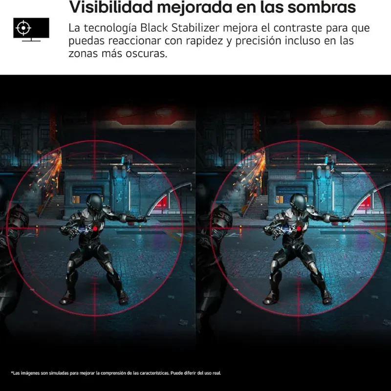 Tela demonstrando recurso Black Stabilizer: duas cenas de jogo lado a lado, a da direita com sombras mais claras, alvo em mira vermelha destacando inimigos.