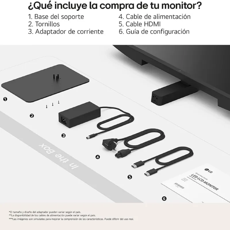 Conteúdo da caixa: base do suporte, parafusos, adaptador de energia, cabo de alimentação, cabo HDMI e guia. Compatível com monitor LG 32U631A-B 32" IPS 100