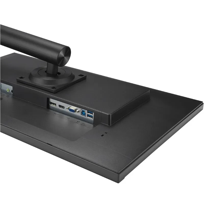 Parte trasera del ASUS VA27DQFS: puertos HDMI, DisplayPort, VGA y USB, acabado negro mate y soporte ajustable, diseño delgado y bordes limpios