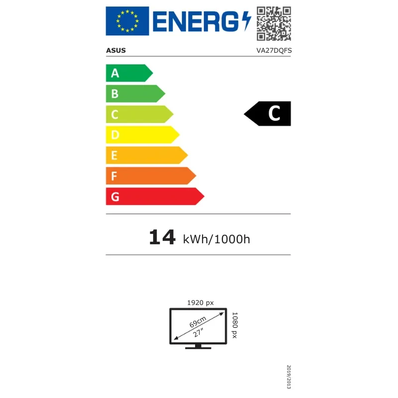Etiqueta energética del monitor ASUS VA27DQFS: clase C, consumo 14 kWh/1000h, pantalla 27 pulgadas, resolución 1920x1080, frecuencia 100 Hz, color negro