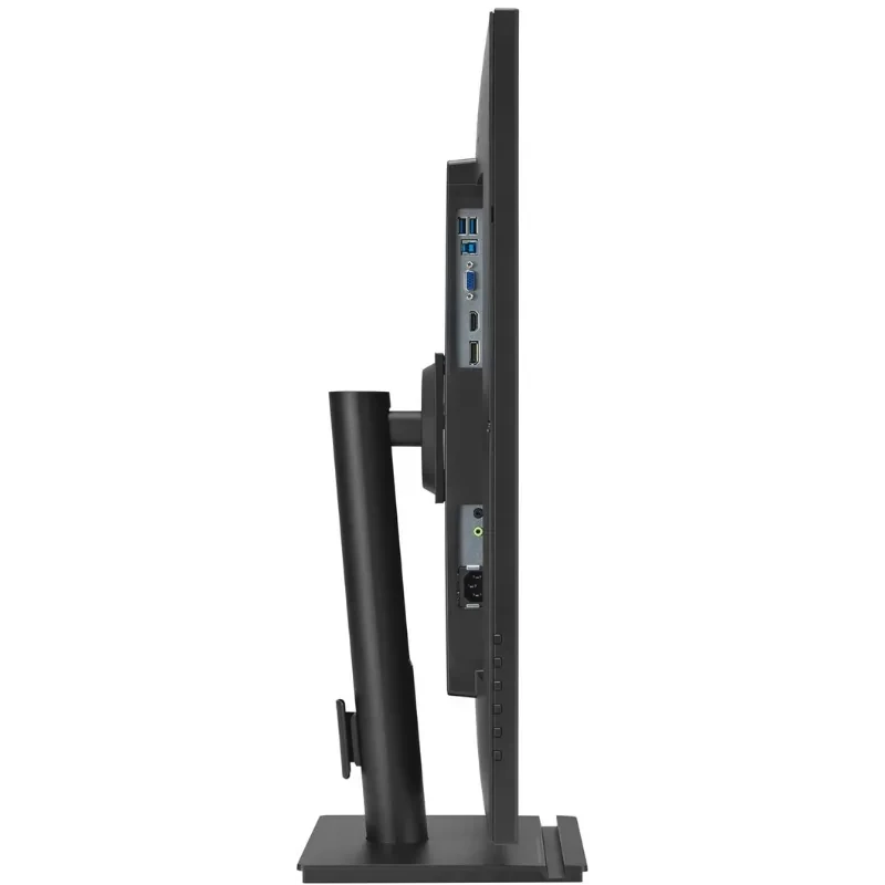 Perfil lateral del ASUS VA27DQFS 27 FHD IPS 100 Hz en negro, biseles finos, soporte ajustable y puertos visibles USB, HDMI y DisplayPort en la parte trasera