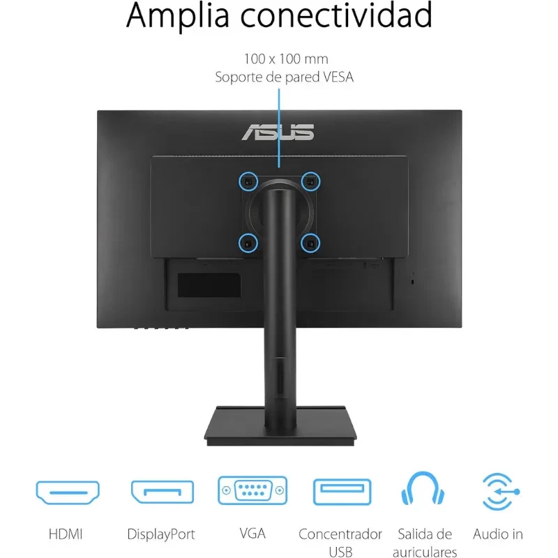 ASUS VA27DQFS 27 pulgadas, panel IPS Full HD 100 Hz, acabado negro. Parte trasera con soporte VESA 100x100, puerto HDMI, DisplayPort, VGA, USB y audio