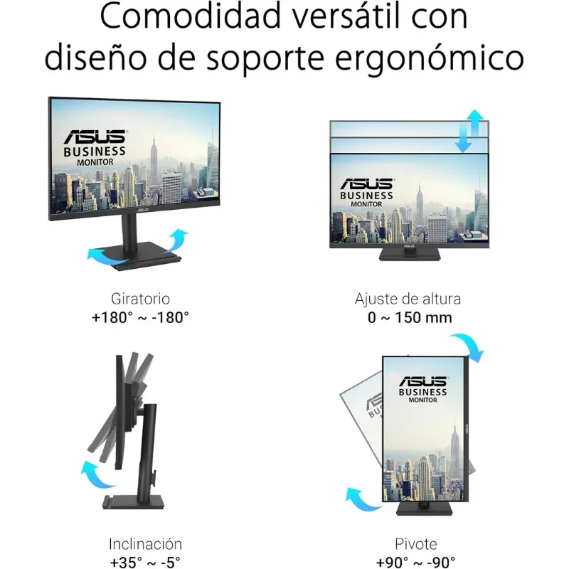 Monitor ASUS VA27DQFS 27 pulgadas, panel IPS Full HD, 100 Hz. Soporte ergonómico con giro 180°, pivote 90°, inclinación y ajuste de altura 0–150 mm.