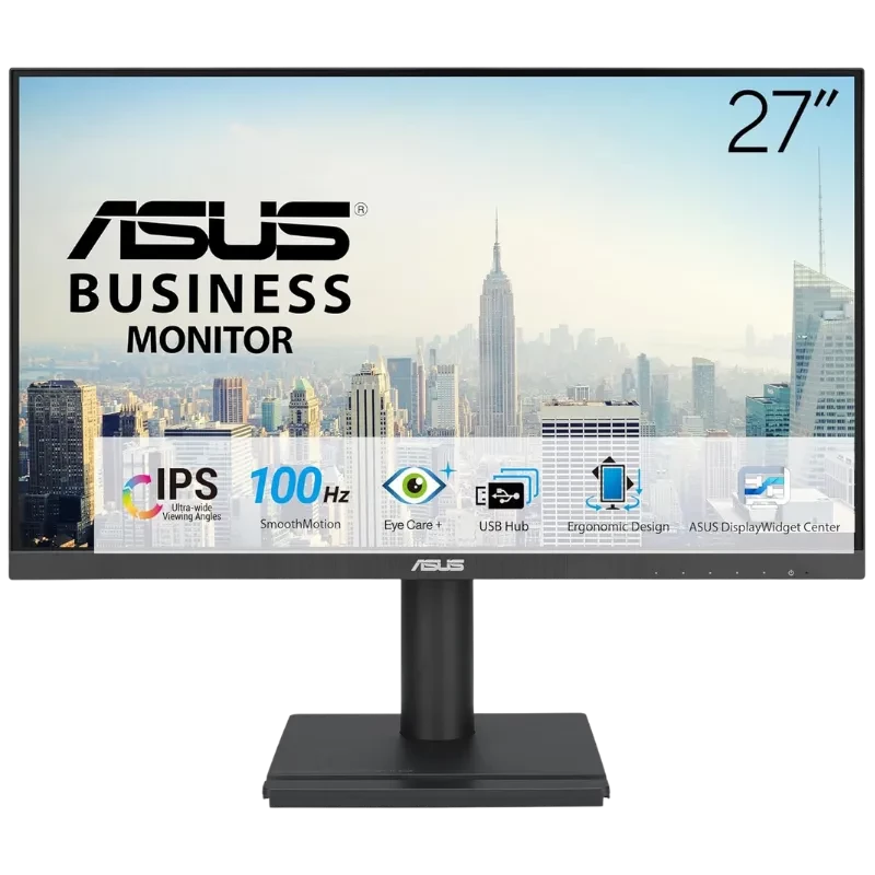 Monitor ASUS VA27DQFS de 27 pulgadas, panel IPS Full HD, 100 Hz, biseles delgados, base ergonómica ajustable y puertos USB, ideal para oficina y trabajo