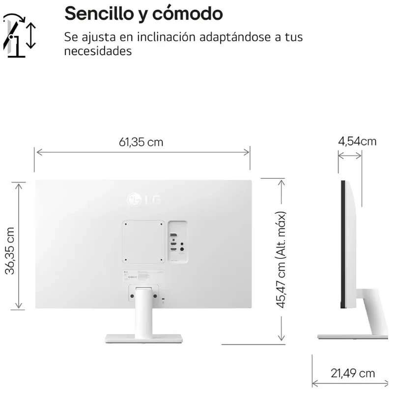 Monitor LG 27US500-W 27 pulgadas 4K Ultra HD, panel IPS blanco, diseño delgado, altura e inclinación ajustables, puertos traseros accesibles