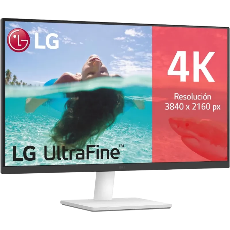 LG 27US500-W monitor 27 pulgadas 4K Ultra HD IPS en blanco, biseles delgados, base rectangular blanca y pantalla con imagen nítida 3840 x 2160 px