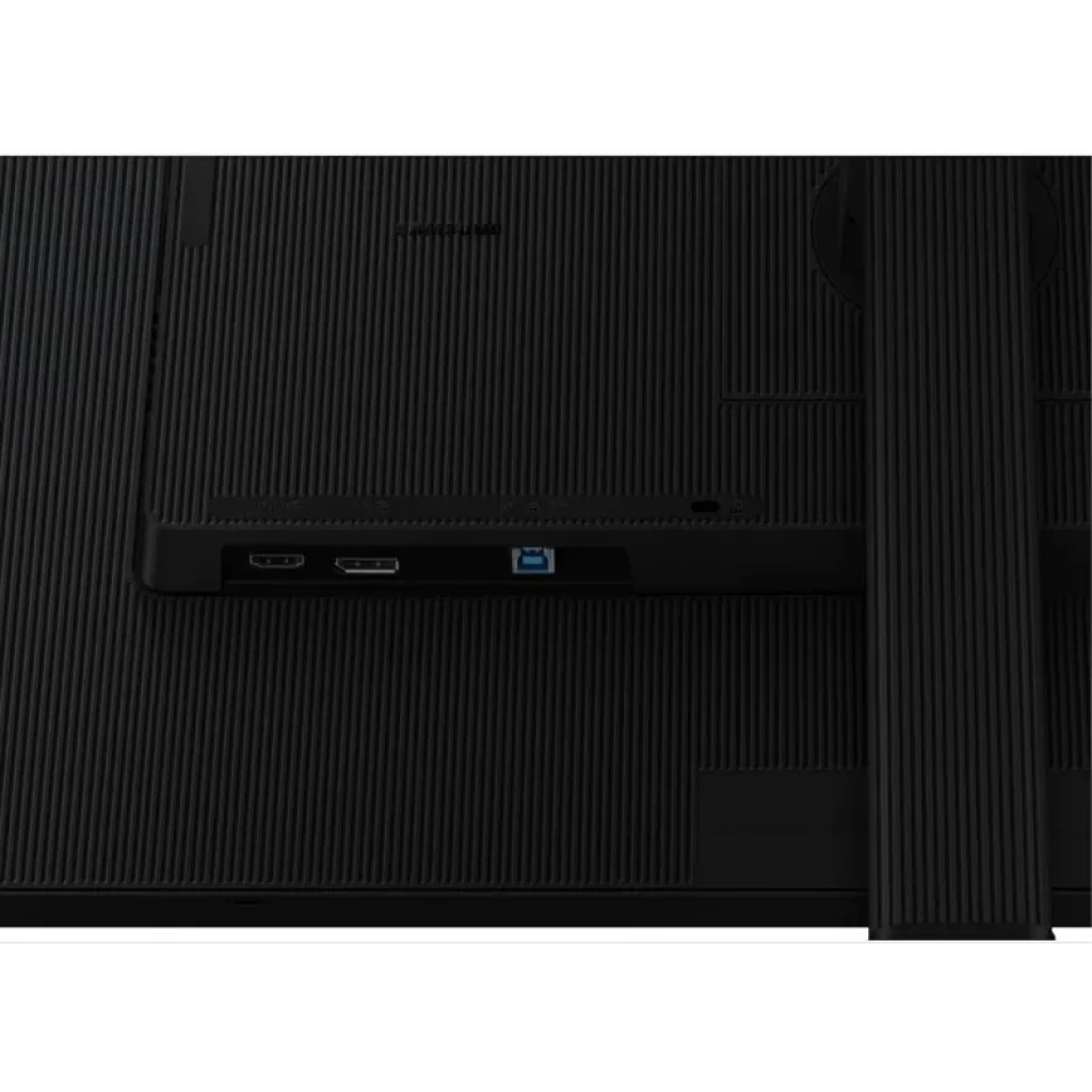 Parte trasera del monitor Samsung LS32D600EAU negro con textura acanalada, puertos HDMI y USB visibles y soporte vertical robusto