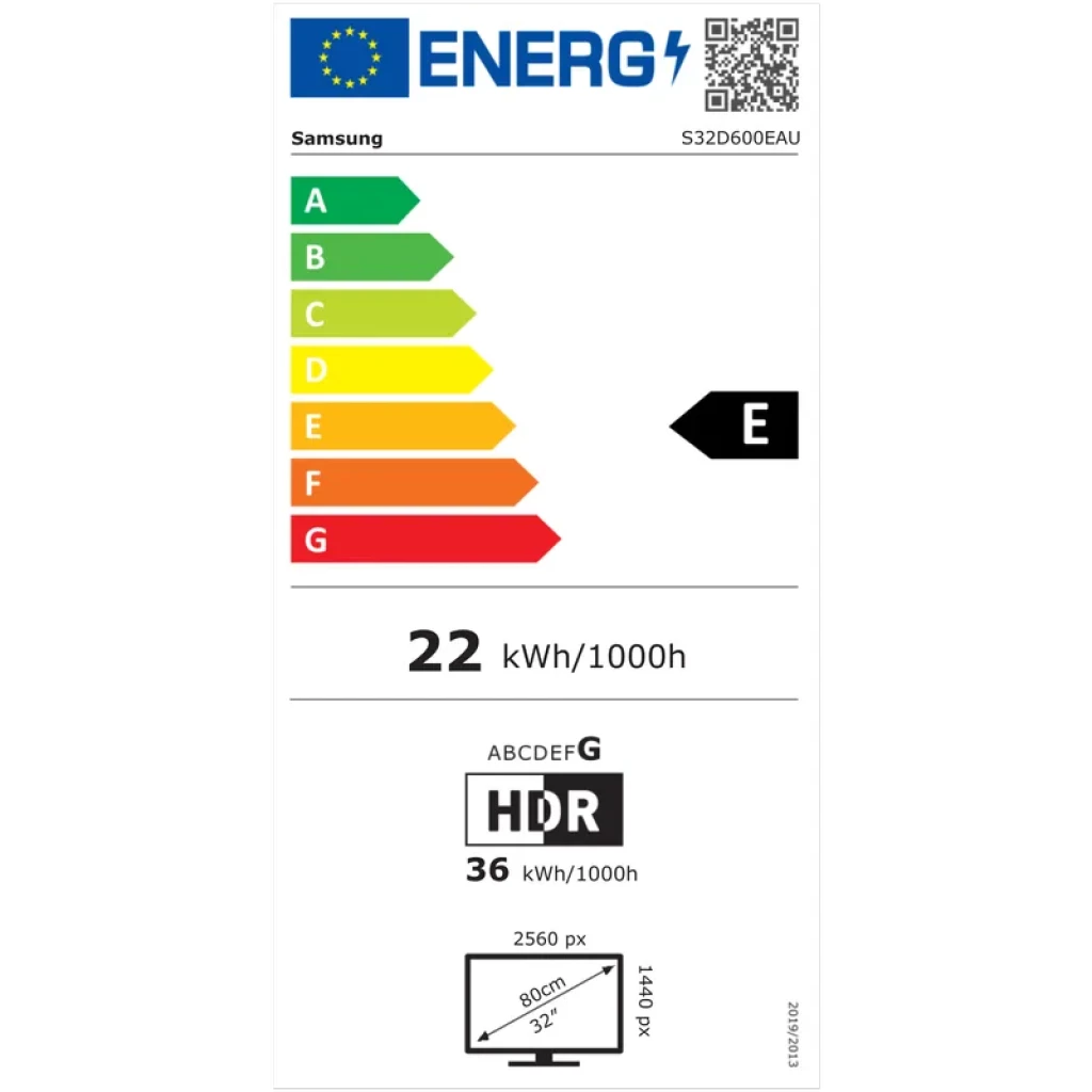 Etiqueta energética UE del monitor Samsung LS32D600EAU: clase E, consumo 22 kWh/1000 h SDR y 36 kWh/1000 h HDR, resolución 2560 x 1440, 32 pulgadas