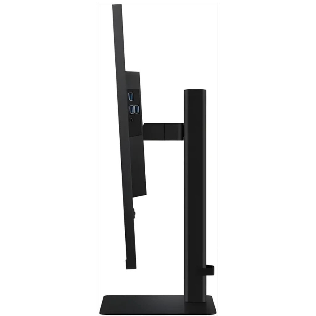 Perfil lateral de monitor negro con soporte ajustable, marco delgado y puertos USB visibles; pantalla IPS de 32 pulgadas Quad HD a 100 Hz