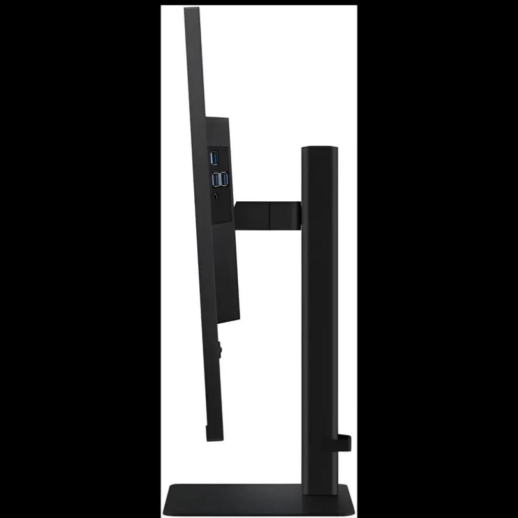Perfil lateral de monitor negro con soporte ajustable, marco delgado y puertos USB visibles; pantalla IPS de 32 pulgadas Quad HD a 100 Hz