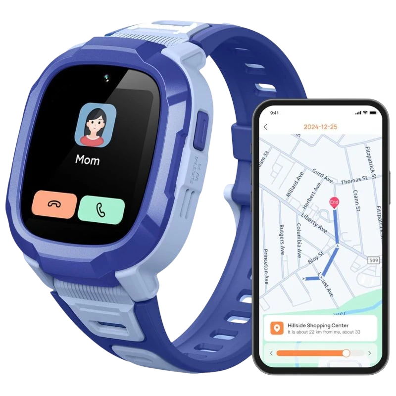 Mibro Kids P6 azul: smartwatch infantil con pantalla a color, botones de llamada, correa bicolor y app móvil mostrando GPS 4G y cámara integrada