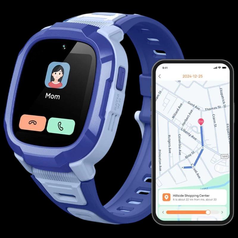 Mibro Kids P6 azul: smartwatch infantil con pantalla a color, botones de llamada, correa bicolor y app móvil mostrando GPS 4G y cámara integrada