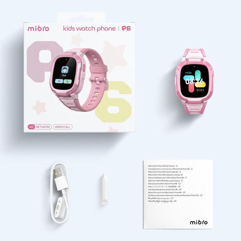 Mibro Kids P6 rose avec écran couleur, bracelet en silicone, caméra frontale, GPS 4G, cadran enfant, câble USB et manuel inclus