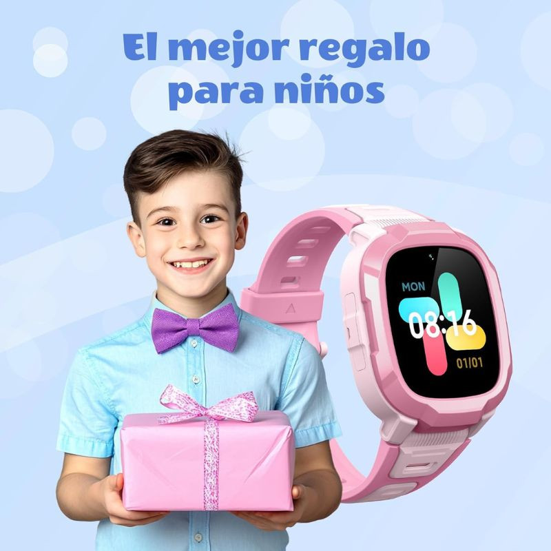 Mibro Kids P6 rose avec écran couleur, bracelet silicone rose, cadran arrondi, affichage de l’heure et date, design enfant, boutons latéraux ergonomiques
