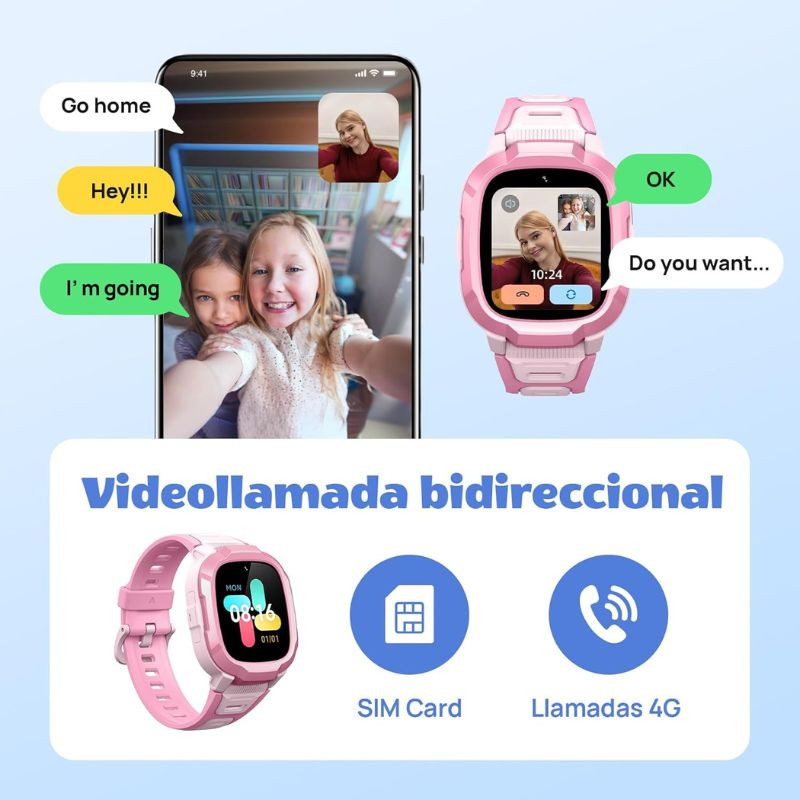 Mibro Kids P6 rose pour enfants avec écran couleur, boîtier robuste, bracelet en silicone, caméra frontale intégrée, appel 4G et GPS visible sur