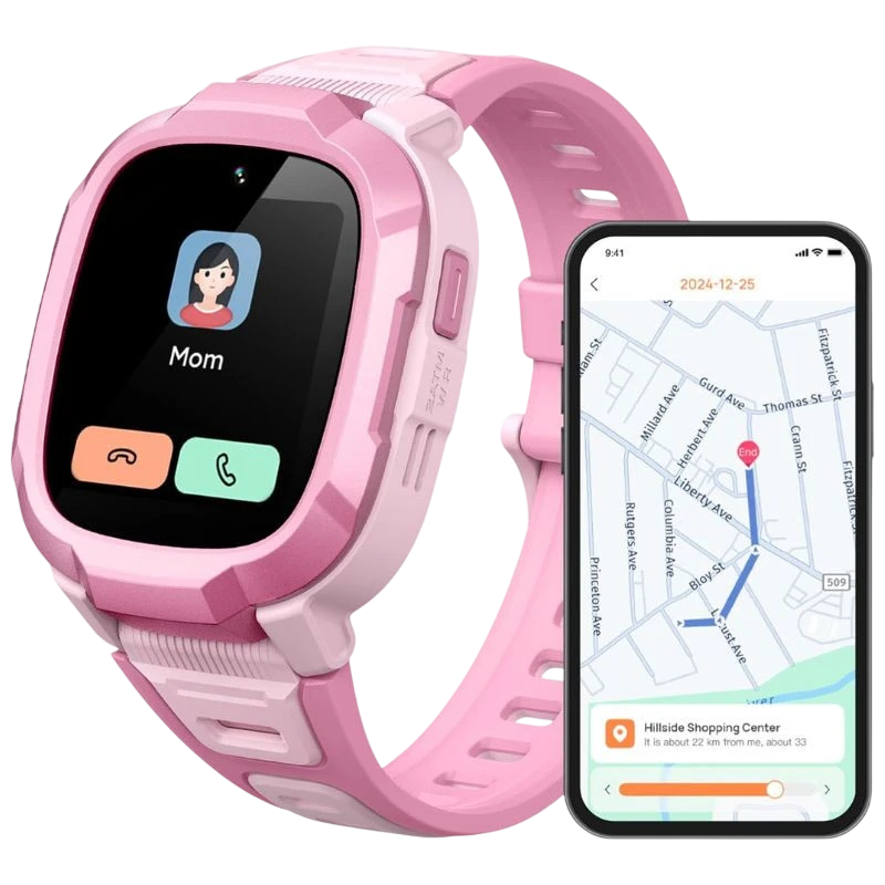 Mibro Kids P6 avec écran couleur, boîtier et bracelet rose bicolore, boutons latéraux, caméra frontale intégrée; appli mobile affichant localisation GPS