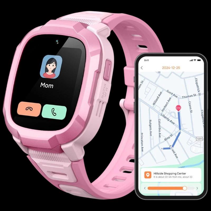 Mibro Kids P6 avec écran couleur, boîtier et bracelet rose bicolore, boutons latéraux, caméra frontale intégrée; appli mobile affichant localisation GPS