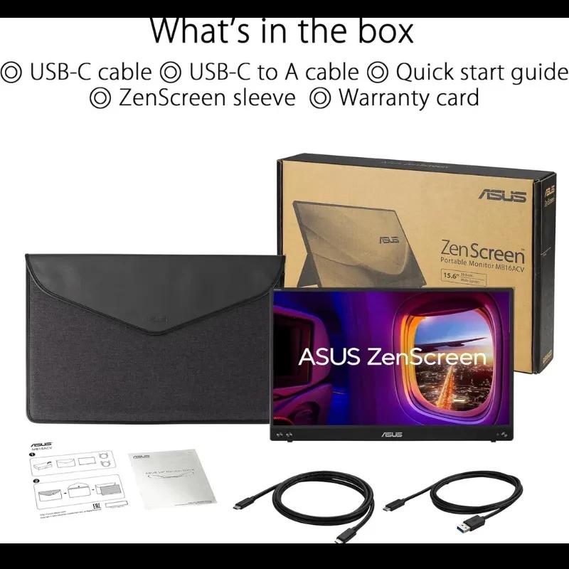 ASUS MB16ACV monitor portátil 16 polegadas, tela IPS Full HD, bordas finas, capa ZenScreen inclusa, cabos USB-C e USB-A, design preto elegante