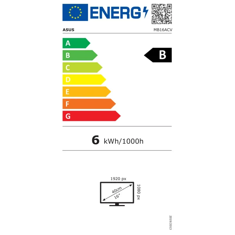 Etiqueta energética do monitor portátil ASUS MB16ACV: classe B, consumo 6 kWh/1000h, ecrã 16 polegadas Full HD 1920x1080, painel IPS, cor preta