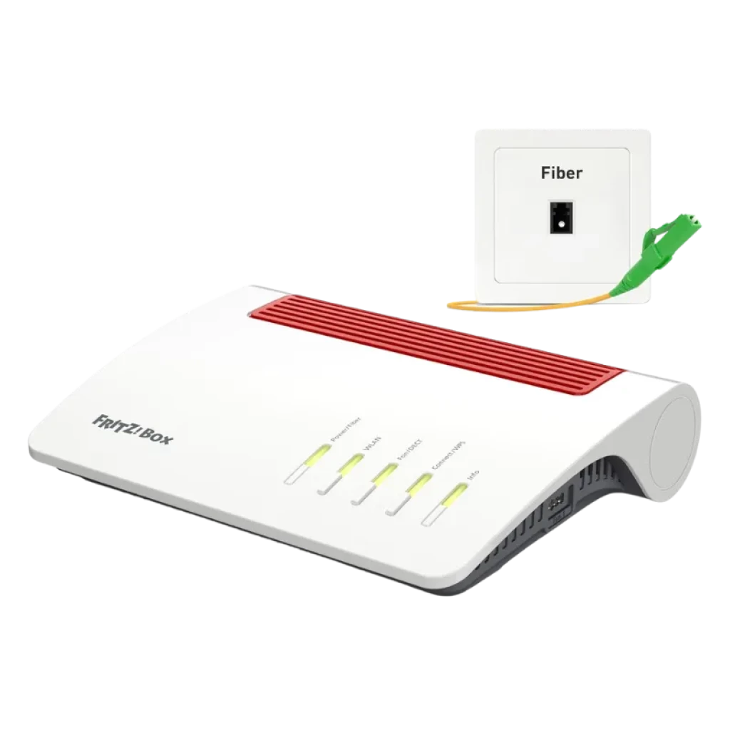 Router FRITZ!Box 5590 Fiber con diseño blanco, antenas internas y slot SFP