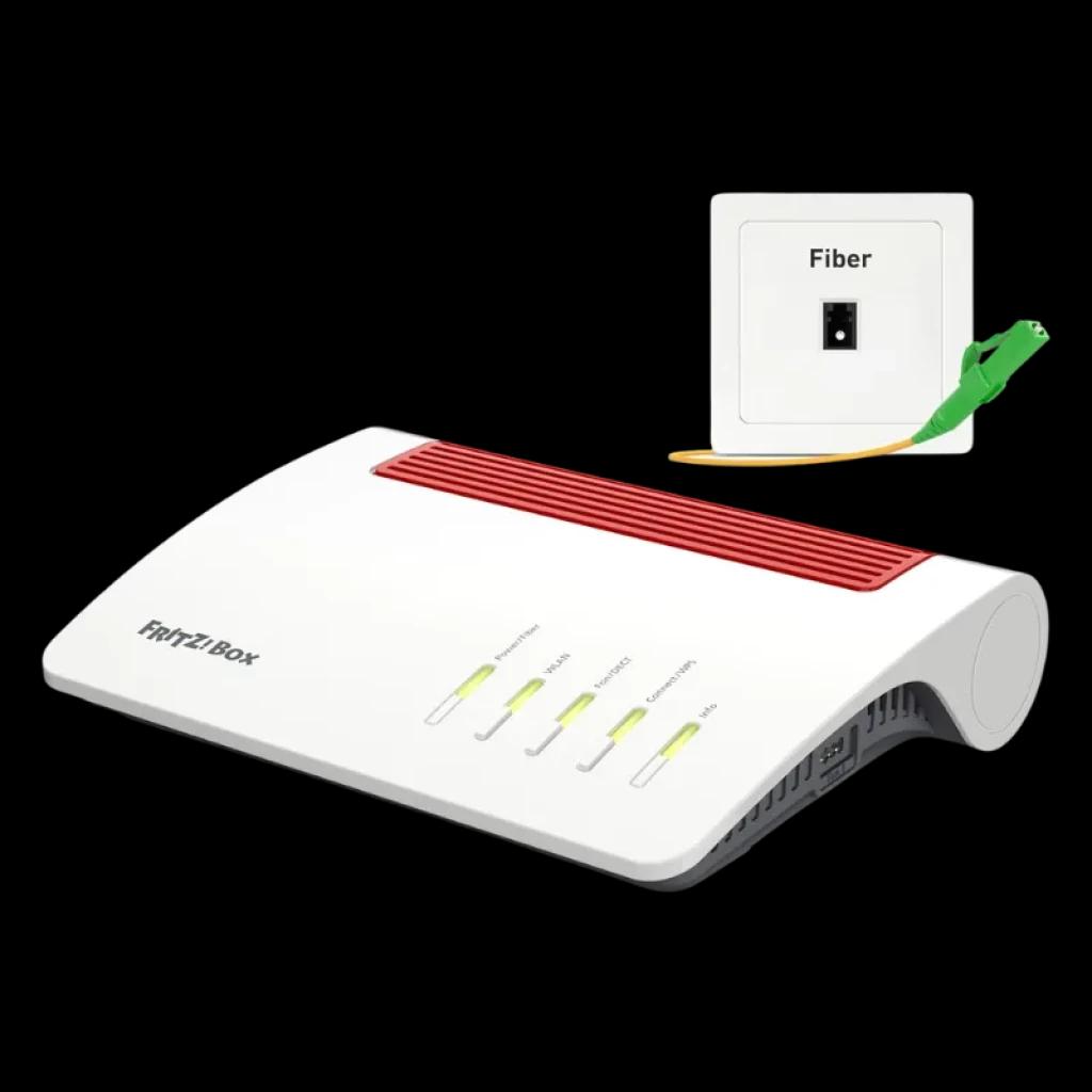 Router FRITZ!Box 5590 Fiber con diseño blanco, antenas internas y slot SFP
