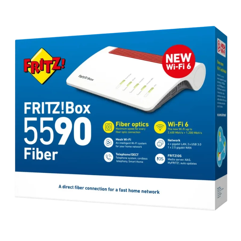 Caja del FRITZ!Box 5590 Fiber WiFi 6 con imagen del router blanco y rojo, destaca Wi‑Fi 6, fibra, puertos LAN, USB 3.0 y funciones de malla y telefonía