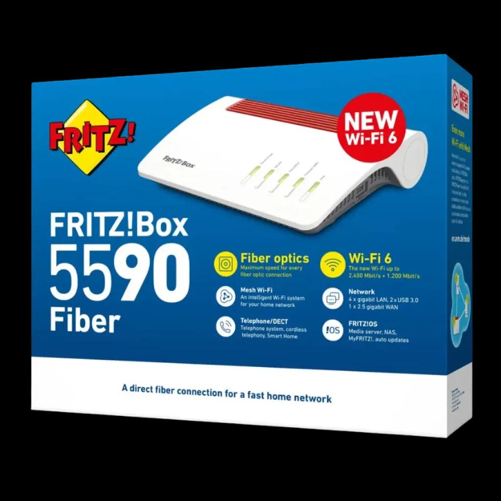 Caja del FRITZ!Box 5590 Fiber WiFi 6 con imagen del router blanco y rojo, destaca Wi‑Fi 6, fibra, puertos LAN, USB 3.0 y funciones de malla y telefonía