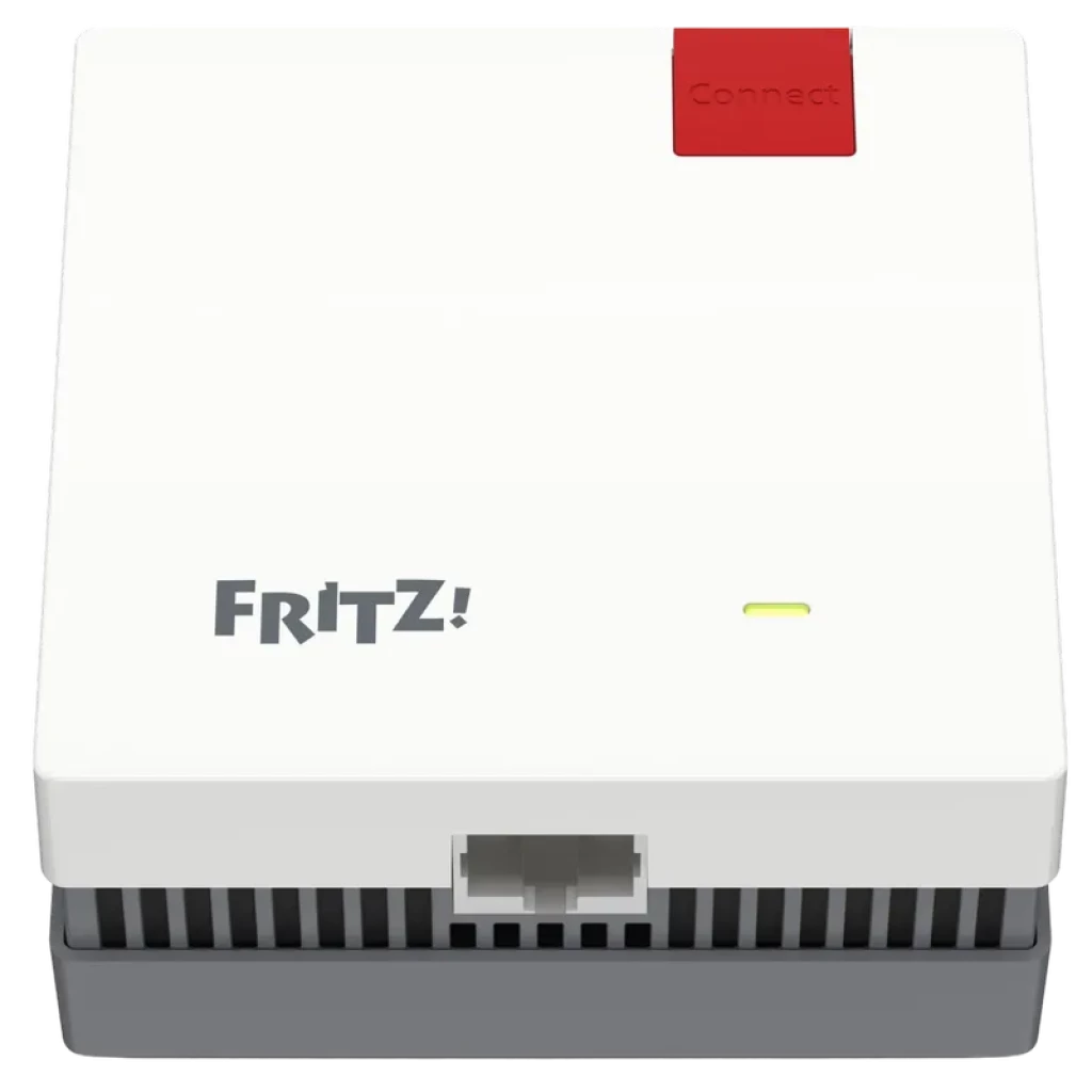 FRITZ! 1200 AX repetidor Wi‑Fi 6 blanco, compacto, botón rojo Connect, LED de estado y puerto Ethernet frontal; diseño de rejillas grises para ventilación