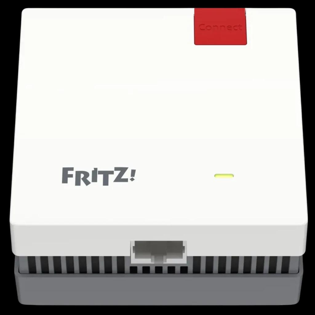 FRITZ! 1200 AX repetidor Wi‑Fi 6 blanco, compacto, botón rojo Connect, LED de estado y puerto Ethernet frontal; diseño de rejillas grises para ventilación
