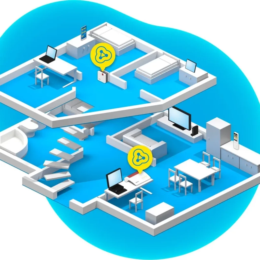Ilustración de casa con dos repetidores Wi‑Fi 6 FRITZ! 1200 AX distribuyendo señal de doble banda, conectando laptops, TV y móviles en varias habitaciones