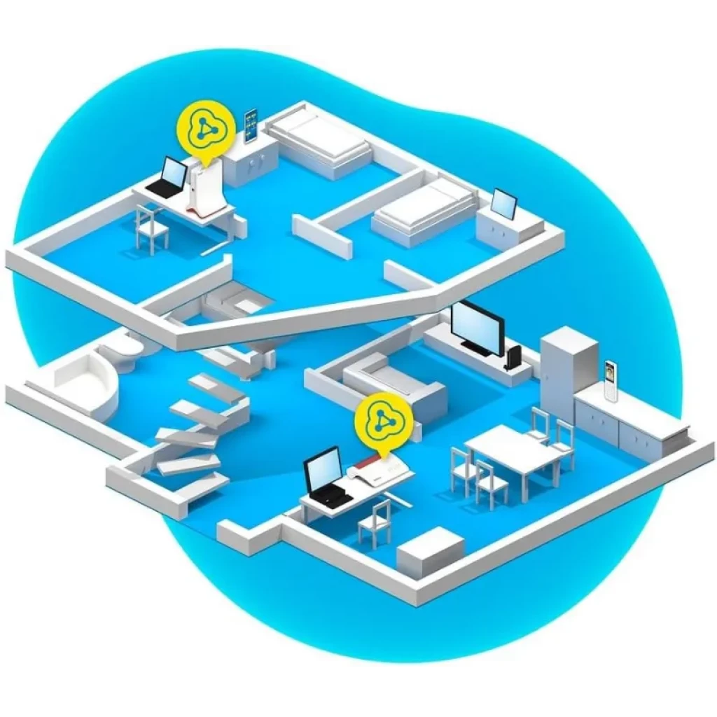 Diagrama de casa de dos pisos mostrando cobertura WiFi tribanda con repetidores y dispositivos conectados en varias habitaciones, destacando señal fuerte