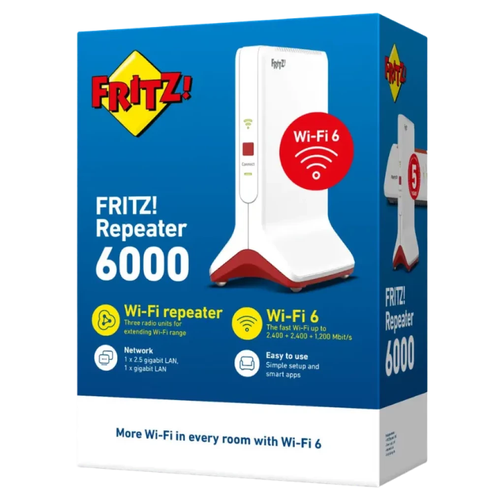 Caja del FRITZ!Repeater 6000 WiFi 6 tribanda, diseño blanco con base roja, logo FRITZ! amarillo, destaca Wi-Fi 6, puertos LAN 2.5G y 1G, configuración fácil
