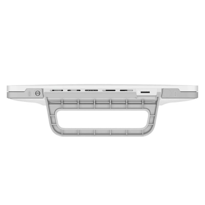 Huawei B535-235a - Router Móvil WiFi 4G LTE con vista inferior: base gris tipo asa, rejillas de ventilación, ranuras y botón lateral en carcasa blanca