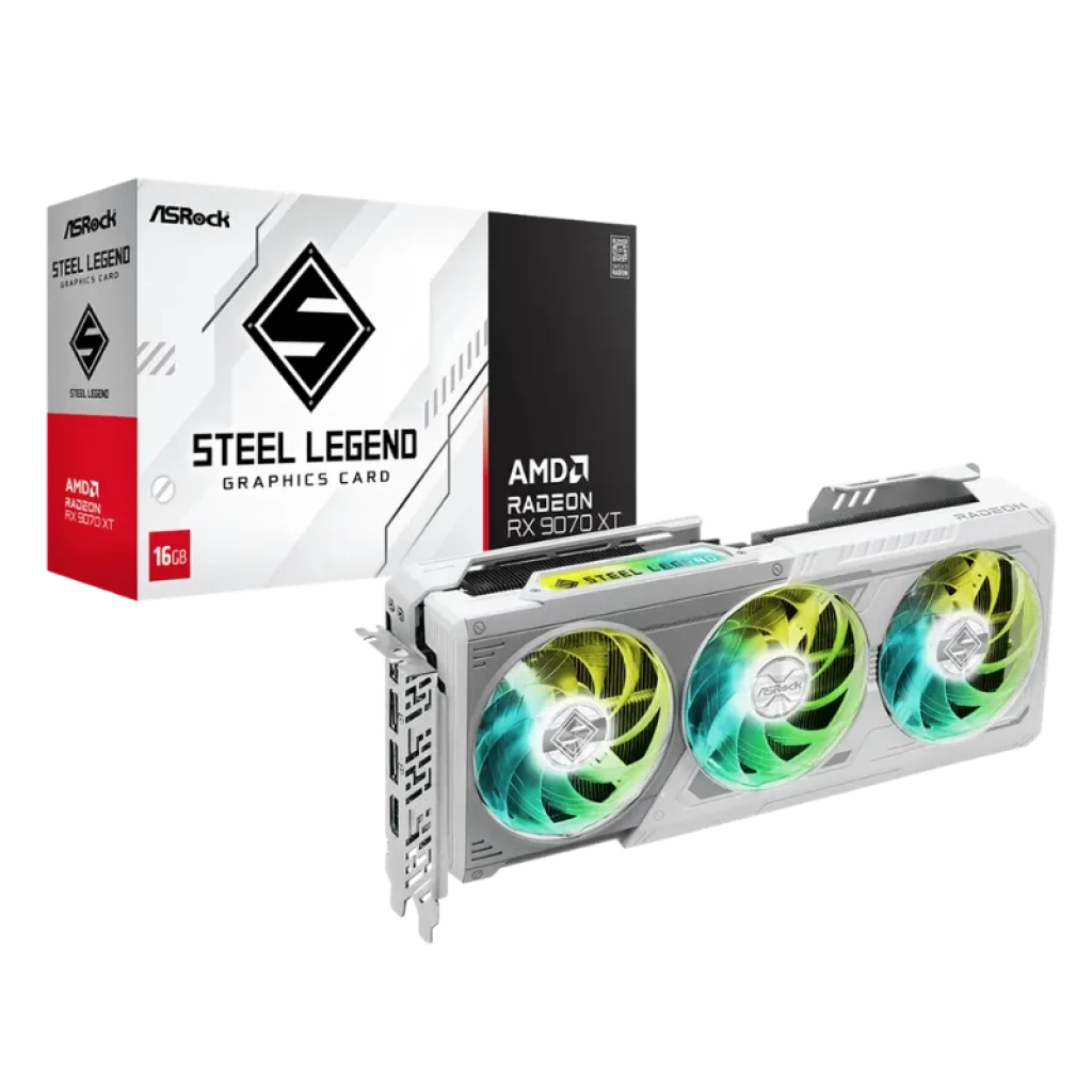 Asrock Steel Legend AMD Radeon RX 9070 XT 16 GB GDDR6 con triple ventilador RGB, diseño blanco plateado, backplate metálico y puertos HDMI y DisplayPort