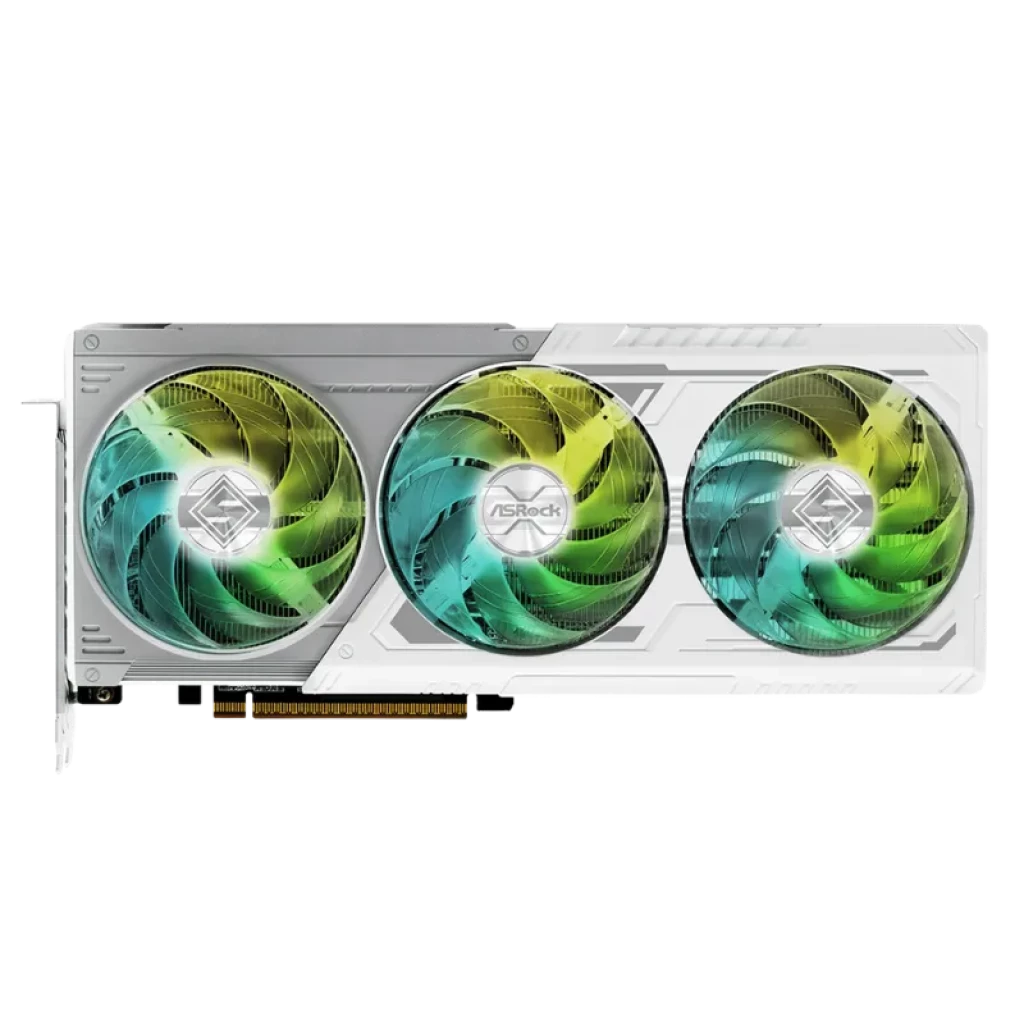 Tarjeta gráfica Asrock Steel Legend RX 9070 XT con triple ventilador RGB verde-azul, carcasa blanca metalizada y backplate, vista frontal