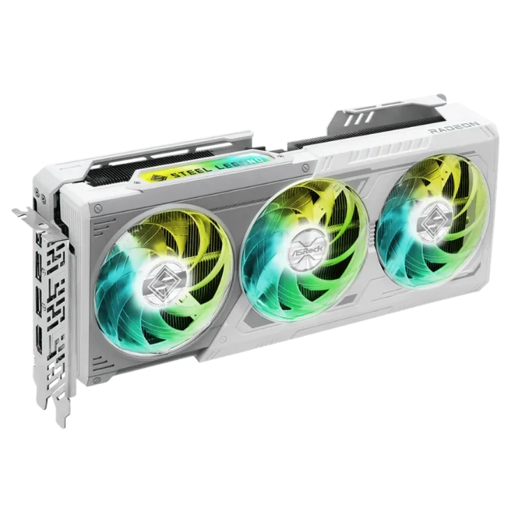 Asrock Steel Legend AMD Radeon RX 9070 XT 16 GB GDDR6 con triple ventilador ARGB, carcasa blanca plateada y diseño robusto de 3 slots, vista a 45 grados