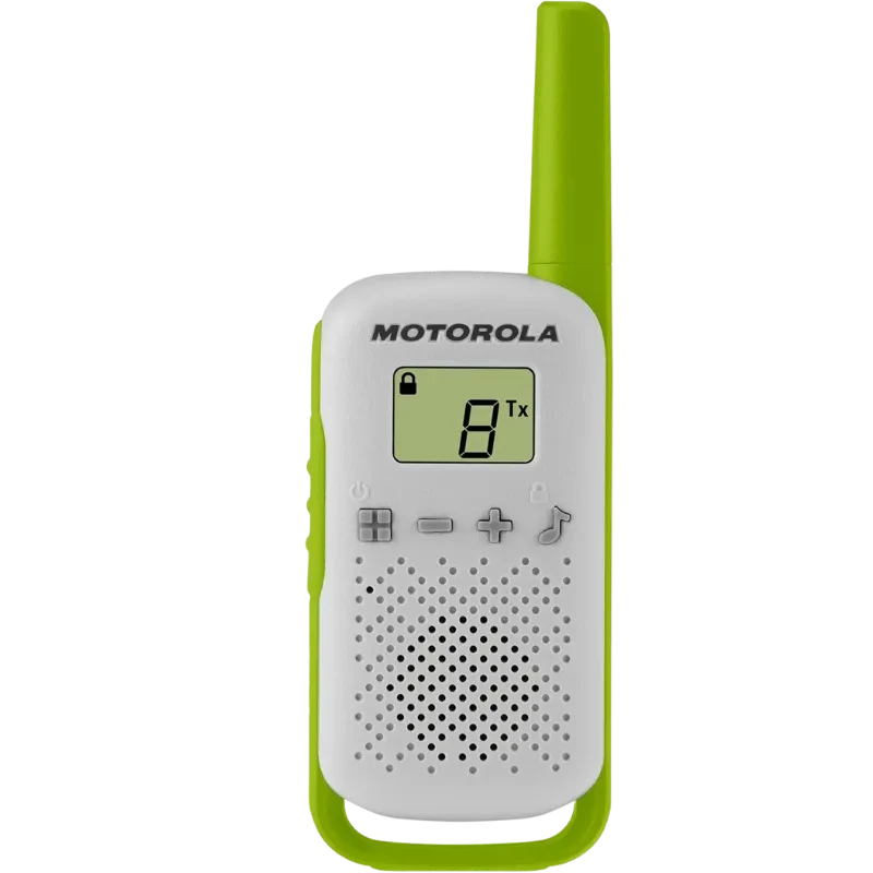 Walkie talkie Motorola T42 blanco con detalles verdes, pantalla LCD con indicador de canal, iconos de bloqueo y batería, altavoz frontal perforado y antena