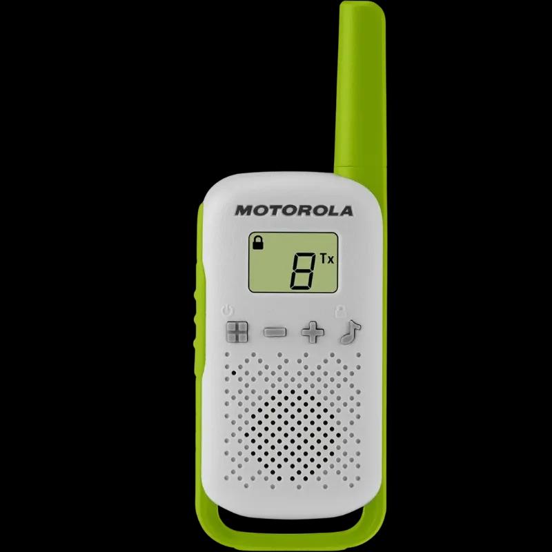 Walkie talkie Motorola T42 blanco con detalles verdes, pantalla LCD con indicador de canal, iconos de bloqueo y batería, altavoz frontal perforado y antena