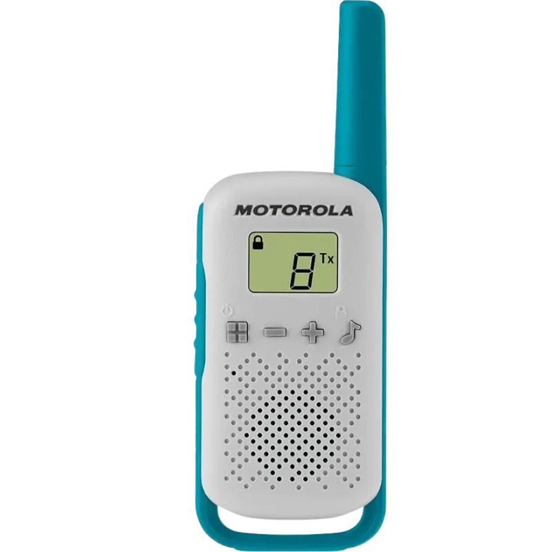 Walkie talkie Motorola T42 blanco con detalles turquesa, pantalla LCD con indicador de canal y bloqueo, botones frontales, rejilla de altavoz y antena larga