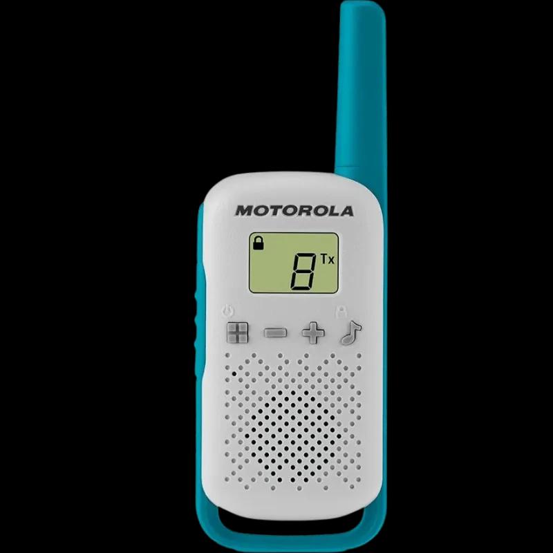 Walkie talkie Motorola T42 blanco con detalles turquesa, pantalla LCD con indicador de canal y bloqueo, botones frontales, rejilla de altavoz y antena larga