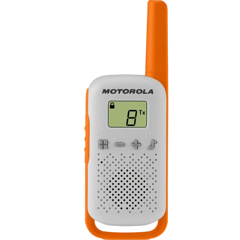 Walkie talkie Motorola T42 naranja y blanco, compacto con antena larga, pantalla LCD con iconos de bloqueo y canal, botones frontales y rejilla de altavoz