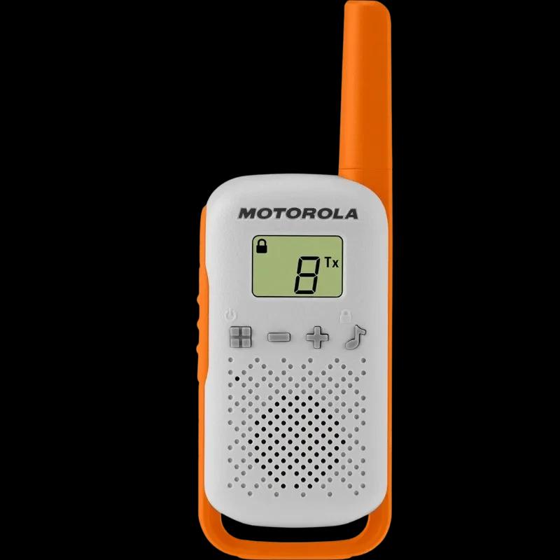 Walkie talkie Motorola T42 naranja y blanco, compacto con antena larga, pantalla LCD con iconos de bloqueo y canal, botones frontales y rejilla de altavoz
