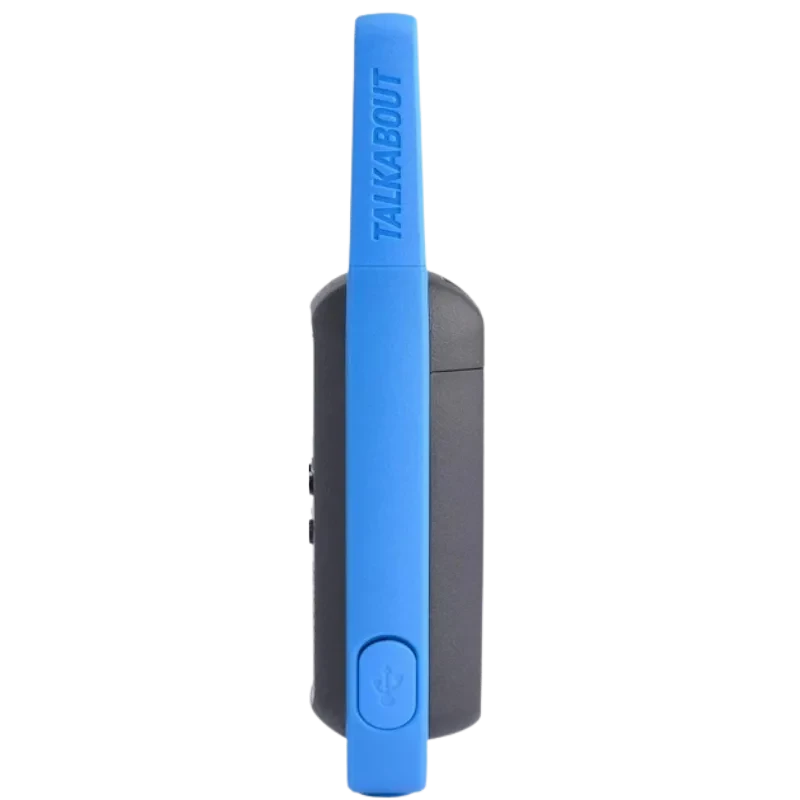 Lateral de radio Motorola TALKABOUT T62 en negro y azul, banda azul con relieve TALKABOUT y puerto micro USB en la base; diseño compacto y robusto