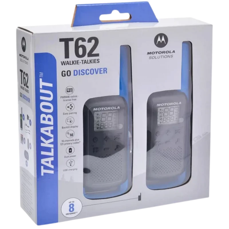 Caja de Motorola TALKABOUT T62: dos walkie talkies negro y azul con antena larga, pantalla LCD, botones frontales y clip; alcance hasta 8 km, 16 canales