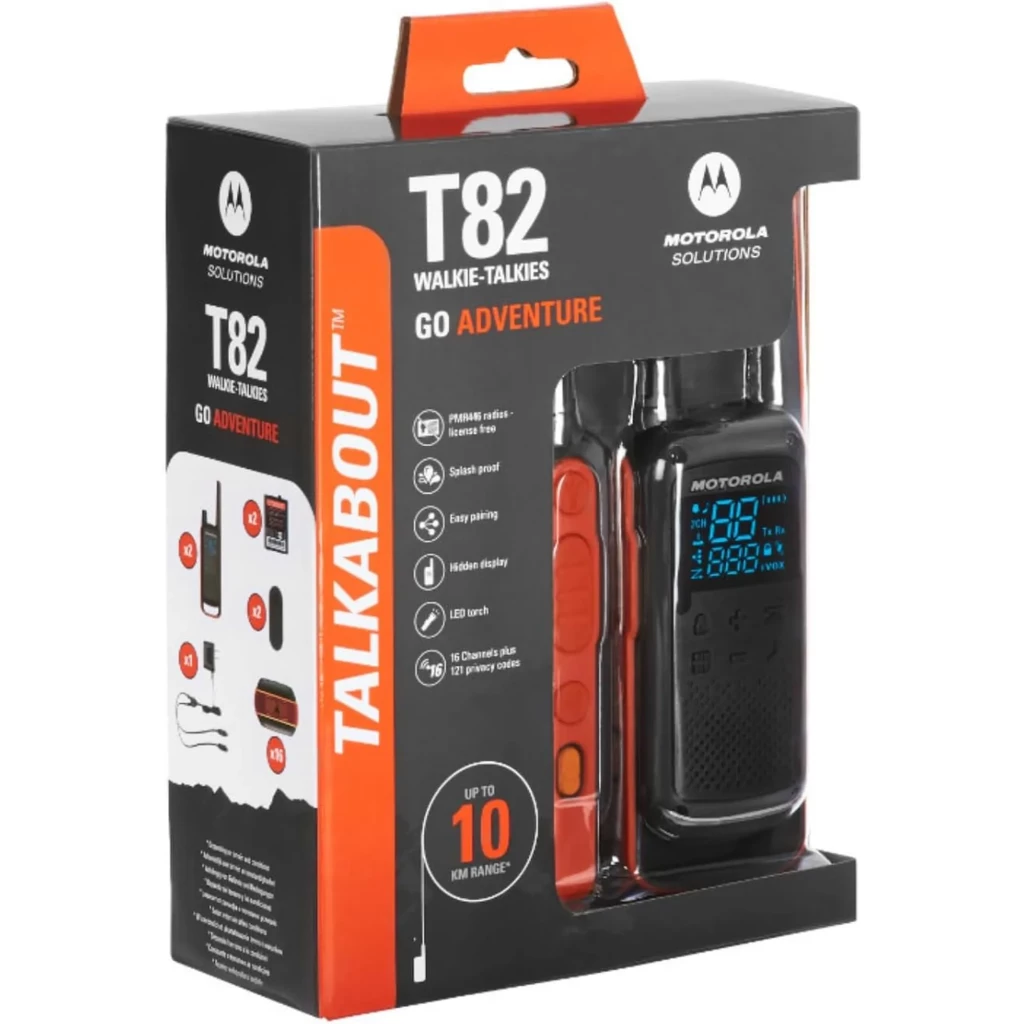 Motorola Talkabout T82 pack de 2, negro y naranja, pantalla LED azul, 16 canales, botones laterales, clip, alcance hasta 10 km, presentación en caja