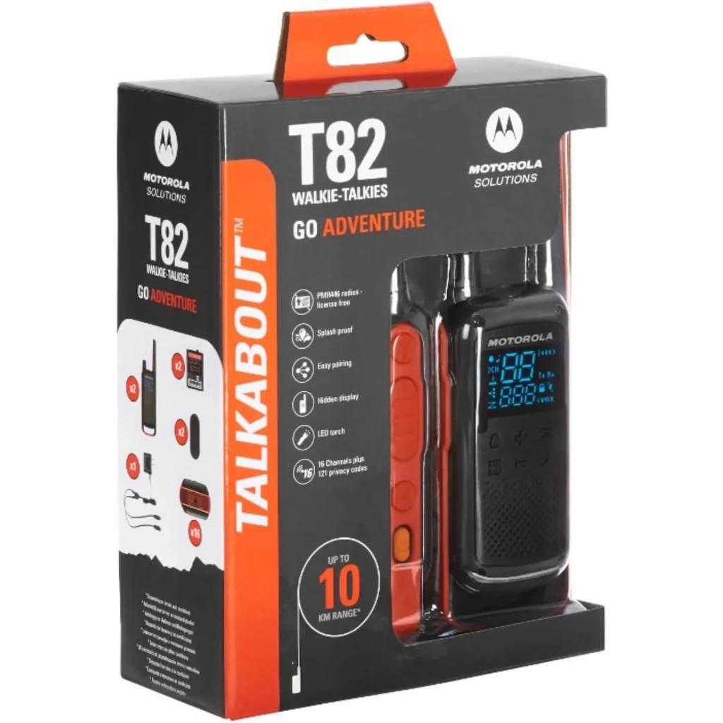 Motorola Talkabout T82 pack de 2, negro y naranja, pantalla LED azul, 16 canales, botones laterales, clip, alcance hasta 10 km, presentación en caja