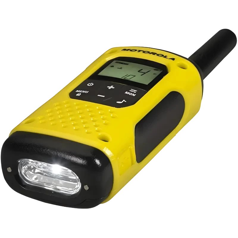 Walkie Talkie Motorola T92 H2O amarillo y negro, pantalla LCD, botones grandes, linterna LED frontal, carcasa rugosa con agarre, antena corta y robusta