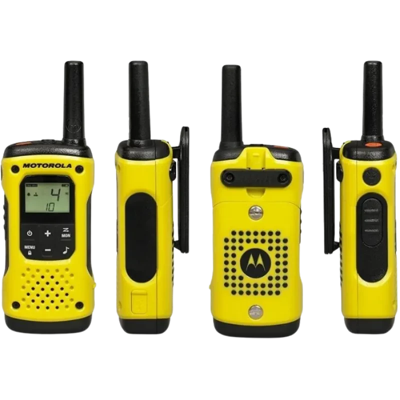 Walkie talkies Motorola Talkabout T92 H2O amarillos, pack de 2, carcasa resistente, pantalla LCD, antena corta, clip lateral y botones grandes